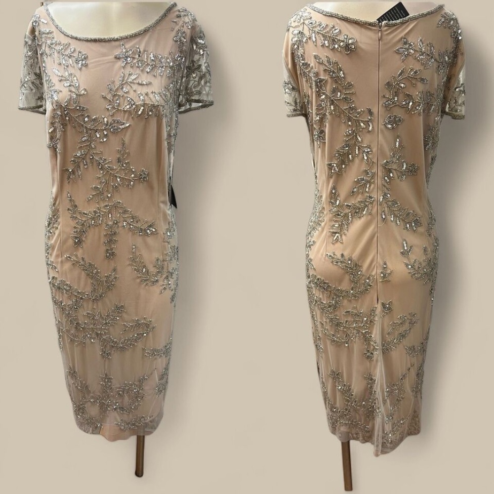 Adrianna Papell,vWoman,vcocktail dress,vSilver Nud, Sz 16,vsilver sequin-beads.!